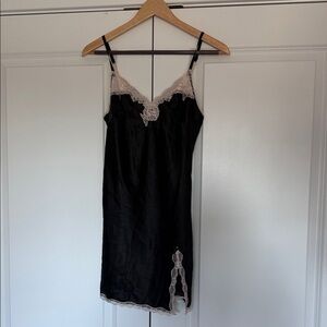 Vintage Victoria Secret Black and Blush Pink Lace with slit - Slip Dress - Med